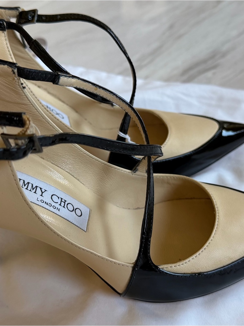 Jimmy Choo Black and Cream T-Strap Pointed-Toe Pumps